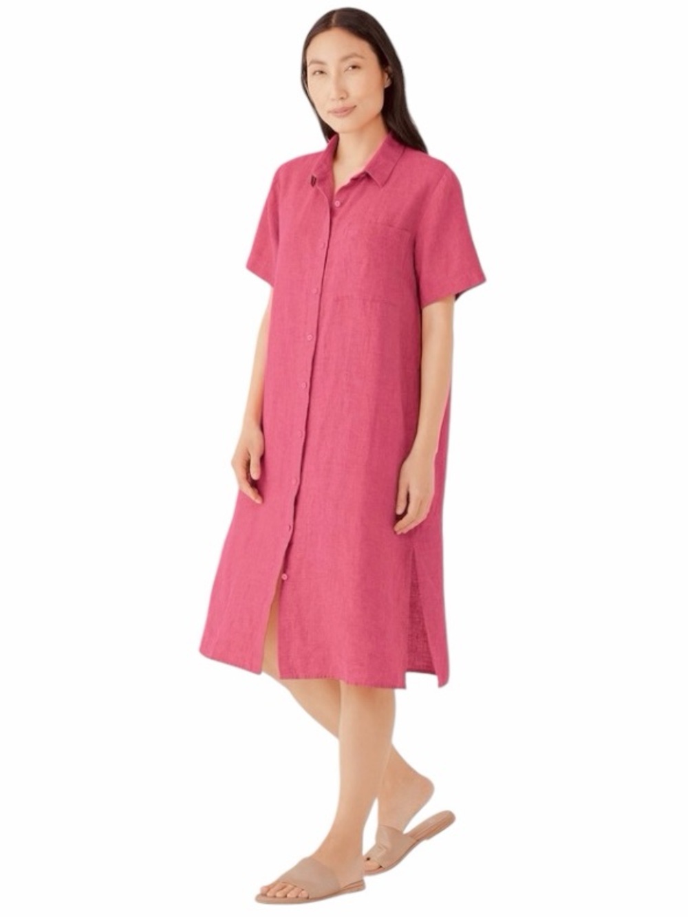 Eileen Fisher Washed 100% Organic Linen Délavé Button Front Shirtdress Women XS